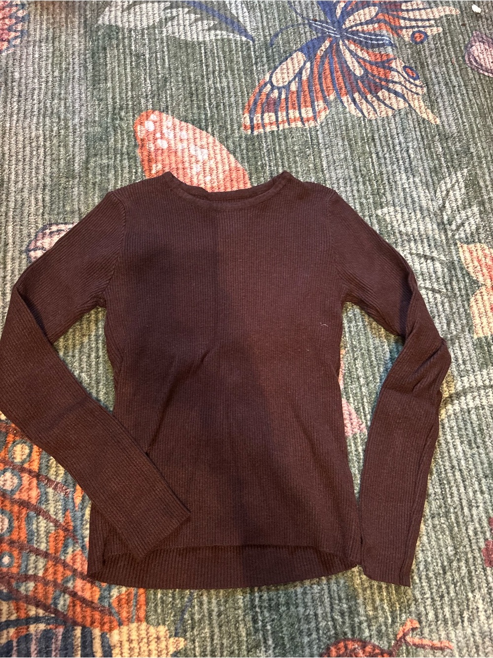 Women's Long Sleeve Ribbed Crewneck Sweater - Brown
